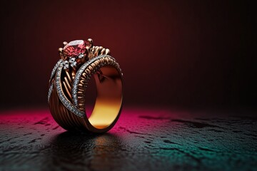 Elegant rose gold ring with pink gemstone and diamond accents on dark background.