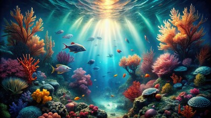 Stylized depiction of a mystical underwater world with glowing coral, schools of fish, and seaweed, coral, fish