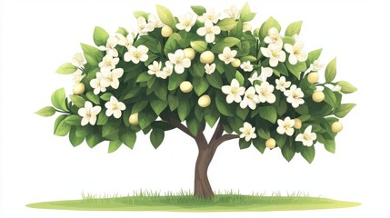 Fototapeta premium Vibrant Lemon Tree with Blossoms and Bright Fruit on White Background