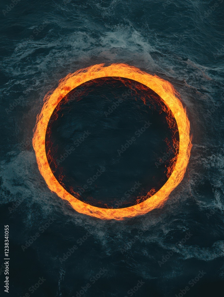 Poster a captivating aerial view of a fiery ring emerging from dark waves, blending elements of fire and wa