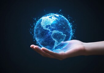 A hand holding a blue globe with a network of lines surrounding it