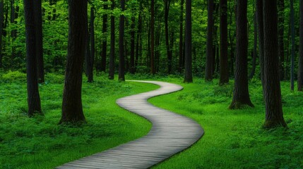 Obraz premium Forest pathway nature concept. A serene winding path through a lush green forest inviting exploration and tranquility.