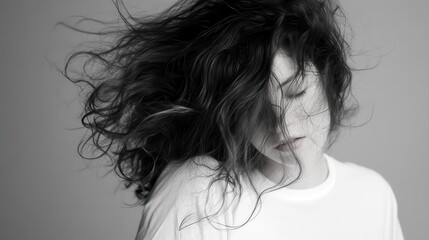 A high-contrast portrait of a dancer mid-motion, hair flowing, shadows and highlights evoking a profound emotional response.