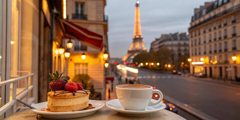 Fototapeta premium French Delicious Dessert and Coffee on Blurred Background for Café Culture