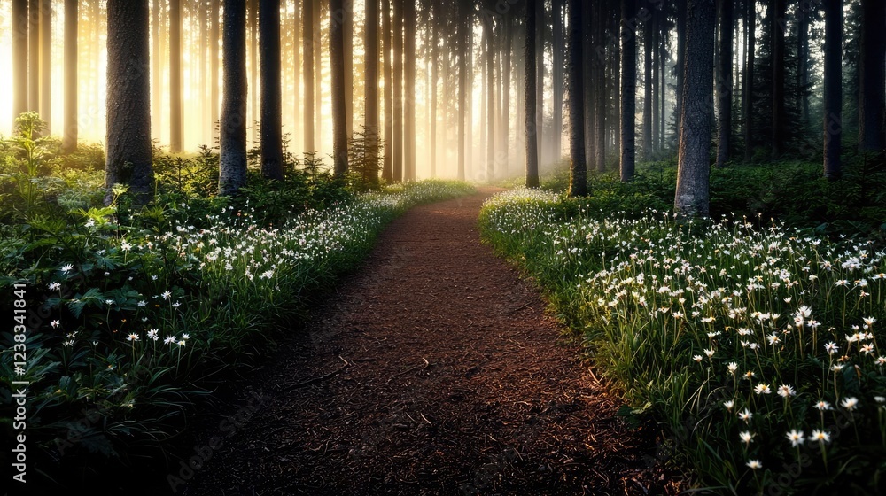 Poster forest pathway nature concept. a tranquil forest path illuminated by soft sunlight and surrounded by