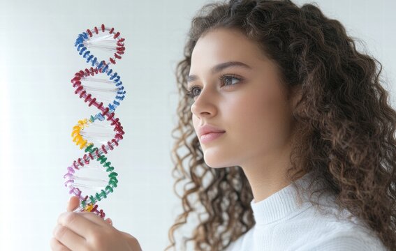 A woman holding a model of a DNA strand