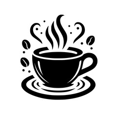 Aromatic Coffee Cup: Hot Drink, Steam, Beans, Cafe, Morning Energy, Brew, Black and White Design