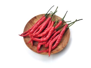 Fresh red hot chili peppers on plate isolated on white background 