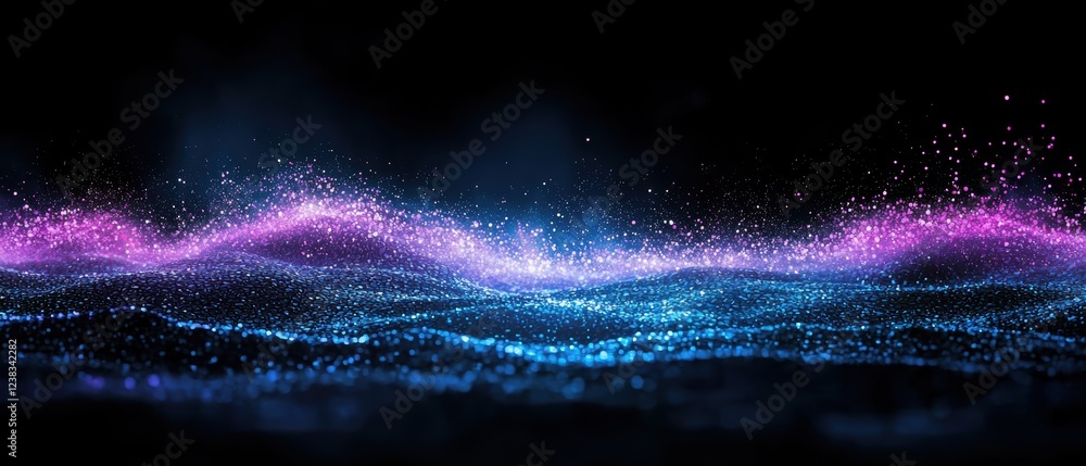 Poster vibrant digital data visualization with flowing waves of colorful light particles