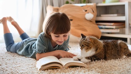 A child enjoys reading a book with a curious cat, creating a warm and happy atmosphere indoors.