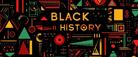 Obraz premium Celebrating black history with vibrant geometric patterns and cultural symbols on a bold black background