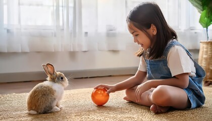 Fototapeta na wymiar A cheerful girl plays with a fluffy rabbit on a cozy rug, spreading joy in the room.