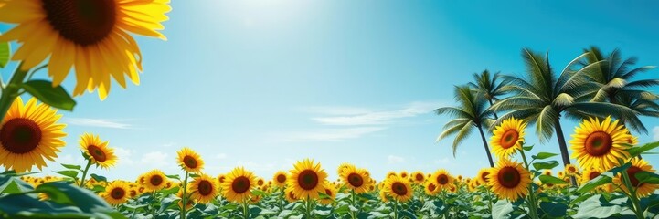 Obraz premium Sunflower fields with a clear blue Hawaiian sky and swaying palm trees, palm trees, field of sunflowers, sunshine