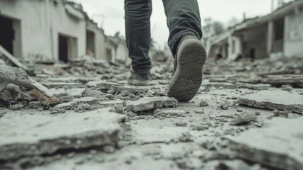 Person walking rubble-strewn street, war-torn city background, disaster relief imagery