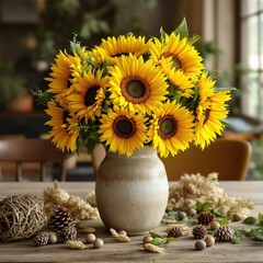 Sunflowers in a vase on a rustic wooden table with natural elements, arrangement, vase, watercolor, rustic