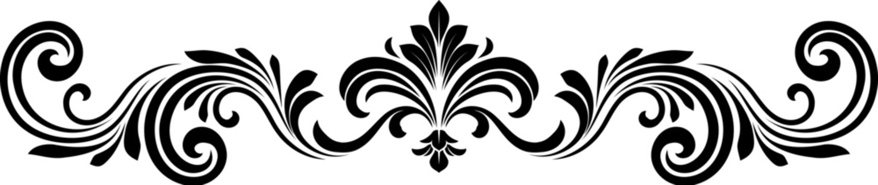 A filigree heraldic crest calligraphic motif, floral pattern horizontal divider design element. Original design in a vintage style.