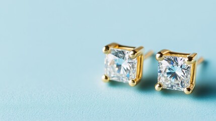 Square-cut gold earrings with diamonds set against a soft blue background