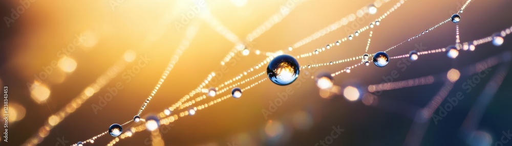 Poster a close-up view of dew droplets on a spider web, reflecting sunlight with a beautiful bokeh backgrou