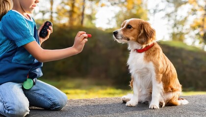 A joyful child is training a playful dog while surrounded by autumn foliage and warm sunlight.
