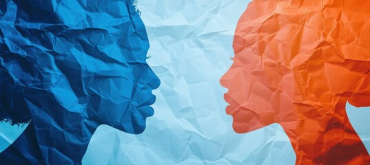 Crumpled paper silhouettes represent biracial cultural diversity and movement towards representation