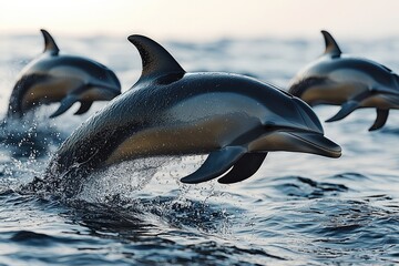 Obraz premium Three Dolphins Leaping Gracefully Through Ocean Waves