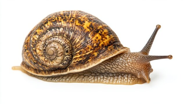 A detailed close-up of a beautiful snail showcasing its intricate shell and smooth body.