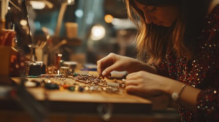 Crafting Jewelry with Care: A Close-Up of an Artisan at Work with Colorful Beads and Tools