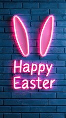 Obraz premium Glowing Neon Easter Background concept. Neon sign with bunny ears and 