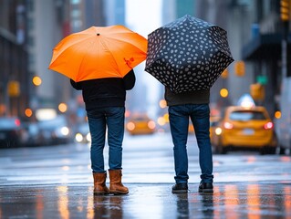 Obraz premium Rainy Day in the City: Two Figures Under Umbrellas