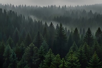 Fototapeta premium Panoramic view of majestic evergreen pine forest in a fog. Ancient tree silhouettes close-up. Generative AI