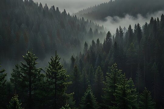 Panoramic view of majestic evergreen pine forest in a fog. Ancient tree silhouettes close-up. Generative AI - Powered by Adobe