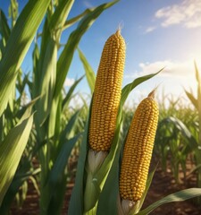 Sunny afternoon landscape with a corn cob in the foreground , field of gold, natural light, corn stalks
