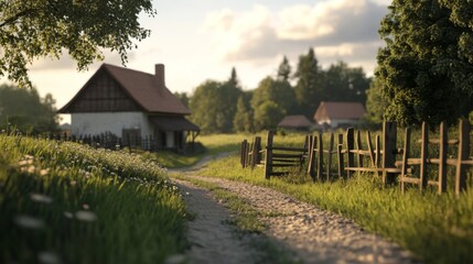 Fototapeta premium Rural Path Sunset Village Countryside Idyllic Scene
