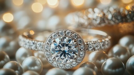 Wedding jewelry set with a stunning engagement ring and earrings, soft background