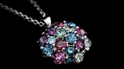 White gold pendant with a multi-gemstone cluster, set on a sophisticated black background