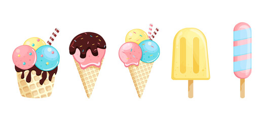 ice cream set isolate on white background. summer ice cream collection in pastel colors.