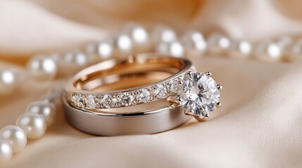 Wedding rings with white diamonds placed on a smooth color background