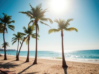 Obraz premium Sunny day at the beach with palm trees and calm ocean waters, summer, warm weather