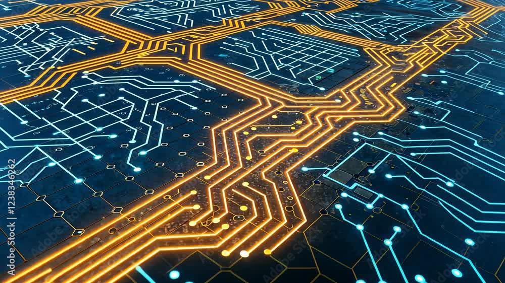 Poster technology background concept, abstract circuit board design with glowing lines