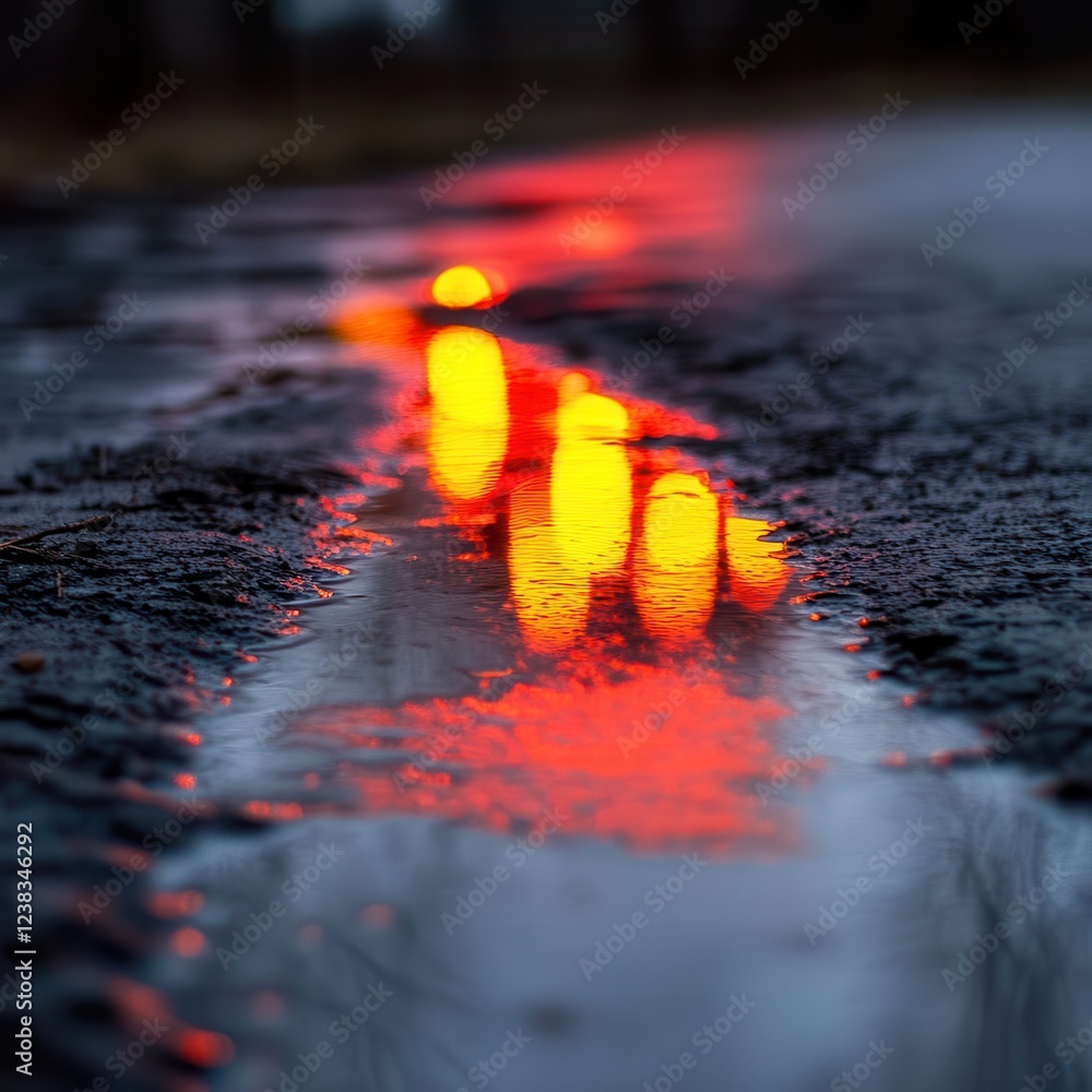 Poster a serene landscape with reflections of light glimmering on wet asphalt, creating a calming and atmos