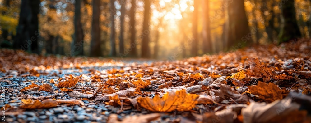 Poster forest pathway nature concept. serene forest path adorned with autumn leaves and warm sunlight filte