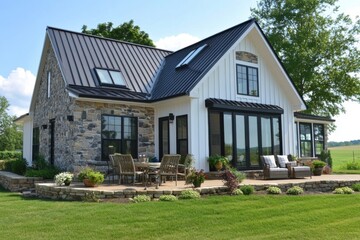 Charming modern farmhouse with stone exterior and spacious outdoor seating area surrounded by lush greenery in bright daylight