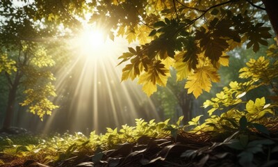 Obraz premium Sun rays shining through leaves creating a warm glow, forest, tranquil