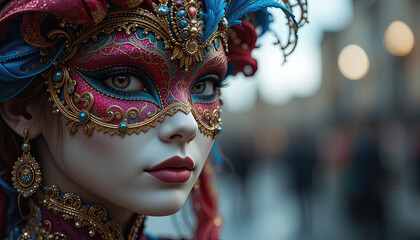 Venetian carnival mask, Portrait of beautiful woman with masquerade carnival mask on her face.