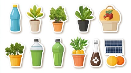 Sustainable lifestyle icons; recycling, plants, energy
