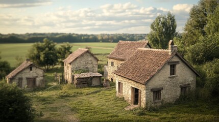 Fototapeta premium Rural stone houses, sunset, farmland background, idyllic scene