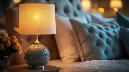 Illuminated bedside lamp on nightstand in cozy bedroom.