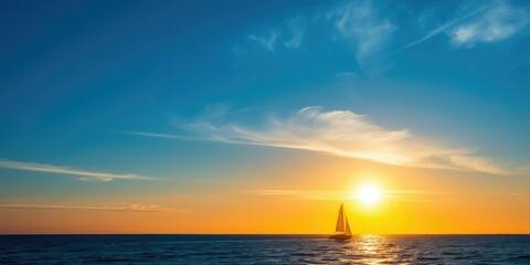 Obraz premium Sunset over a blue ocean with a sailboat gliding across the surface, horizon, sunset