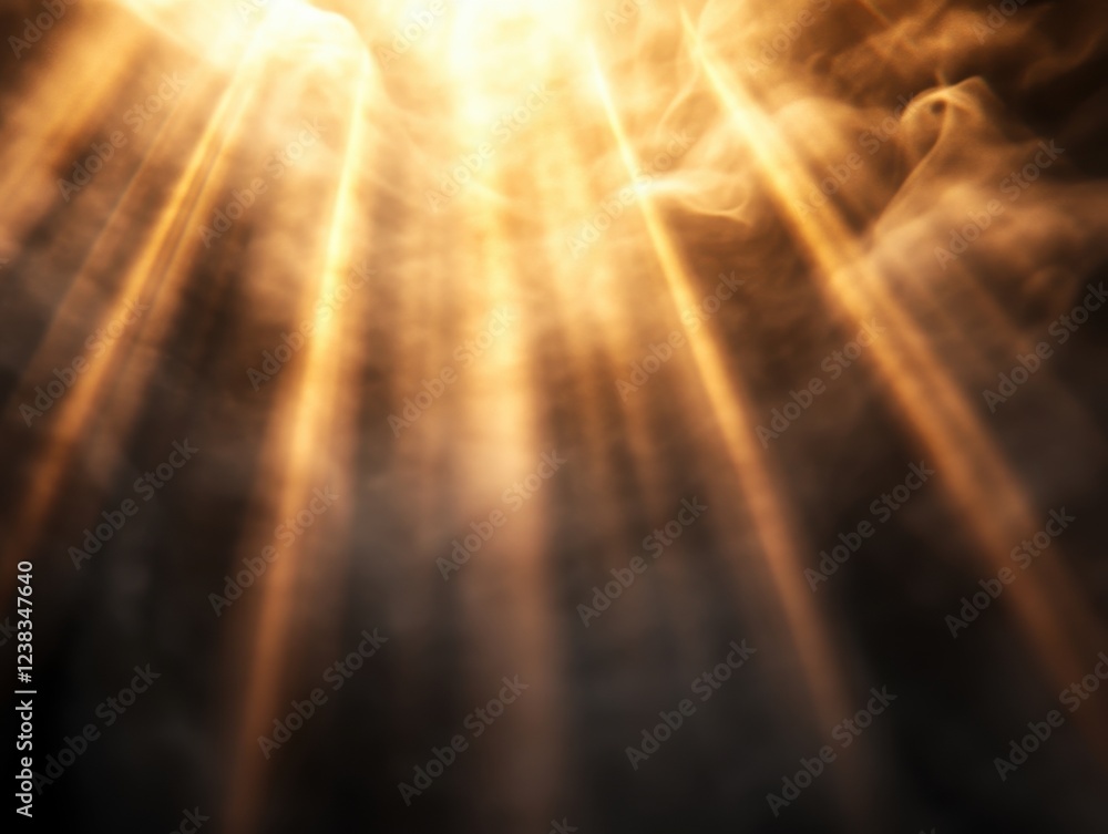 Poster a stunning display of golden light rays streaming through a misty atmosphere, creating an ethereal a