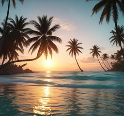 Obraz premium Sunset over a tranquil turquoise ocean with palm trees swaying in the gentle breeze, serene landscape, tropical sea, ocean